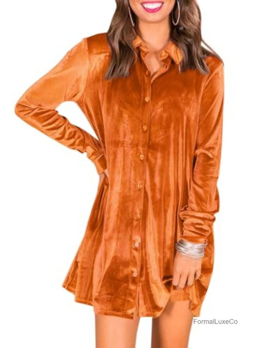 Women's Long Sleeve Velvet Tunic Dress Button Down Shift with Pockets
